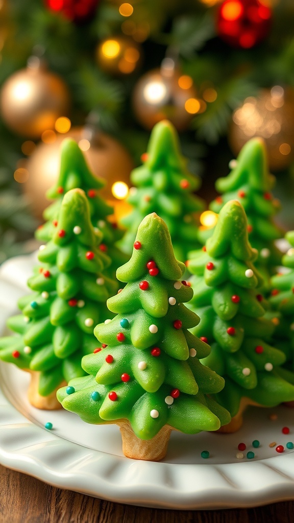 Christmas Tree Cookies for Kids A plate of decorated Christmas tree cookies with colorful icing and sprinkles, set in a festive holiday background.